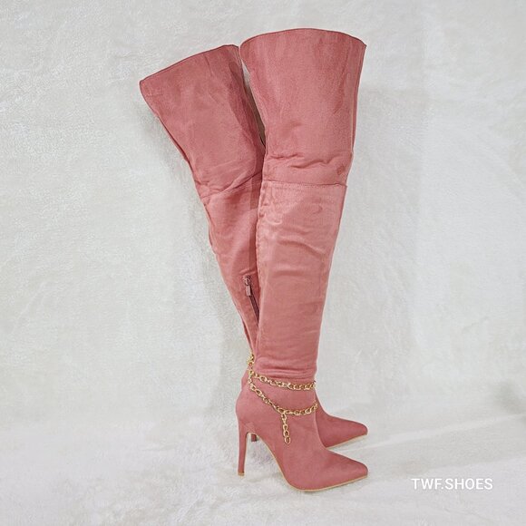 Bad Girlz Dusty Rose Blush Pink Faux Suede Wide Top Thigh High Boots Chain - Picture 4 of 14